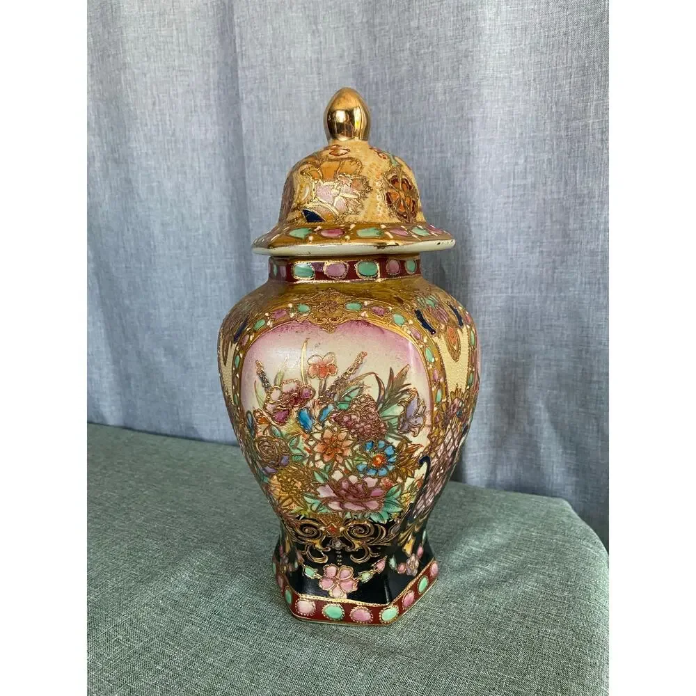 Vintage Satsuma Style Hexagonal Temple Jar Lidded Urn Floral Moriage Gold Gilt